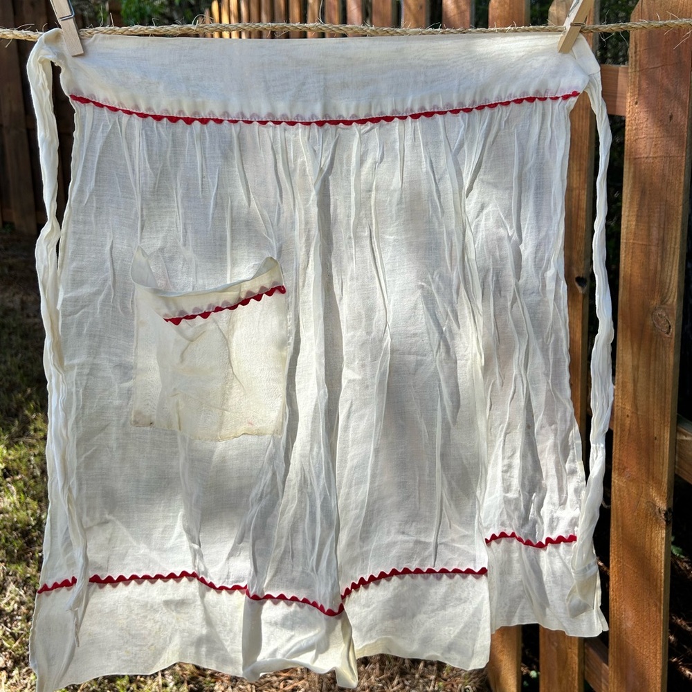 Vintage handmade sheer cream apron red ric rac trim with pocket retro cottage